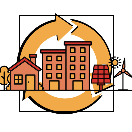 Icon of city buildings and renewable energy options are set in front of circular arrows.